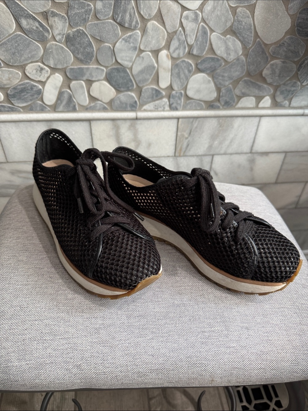 All Black Knit Lace-Up Sneakers with White Sole